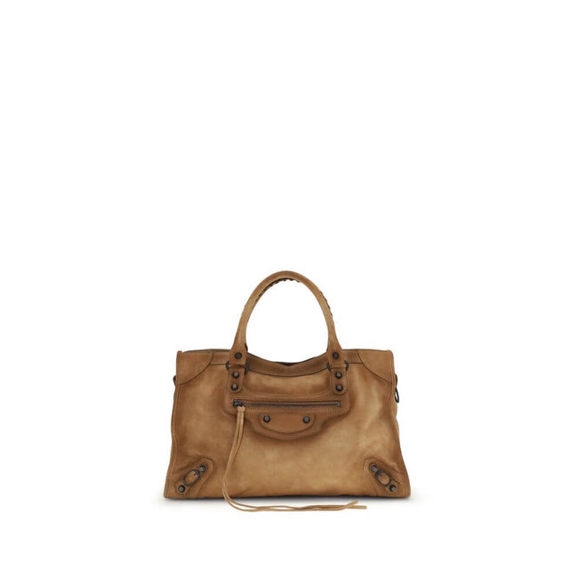 Beige Calf Leather Bos Taurus HandbagBalenciaga’s Le City medium Handbag, crafted in suede with a waxed effect, embodies elegance with a strong character. Featuring two hand-woven leather handles, it has a removable and adjustable shoulder strap for added