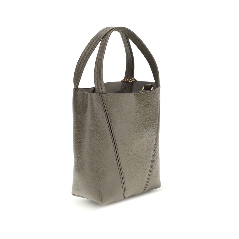 Gray Calf Leather Bos Taurus Shoulder BagThe Spin Shoulder Bag by Chloé, crafted by shiny grained leather, features an elegant design with two flat top handles and an adjustable shoulder strap. The closure is secured by a magnetic button, while the detail