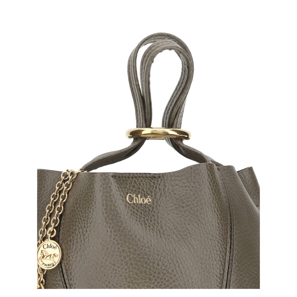 Gray Calf Leather Bos Taurus Shoulder BagThe Spin Shoulder Bag by Chloé, crafted by shiny grained leather, features an elegant design with two flat top handles and an adjustable shoulder strap. The closure is secured by a magnetic button, while the detail