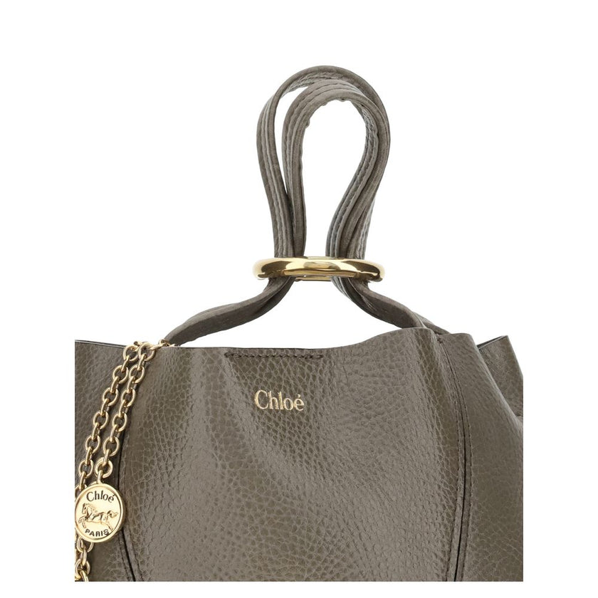 Gray Calf Leather Bos Taurus Shoulder BagThe Spin Shoulder Bag by Chloé, crafted by shiny grained leather, features an elegant design with two flat top handles and an adjustable shoulder strap. The closure is secured by a magnetic button, while the detail