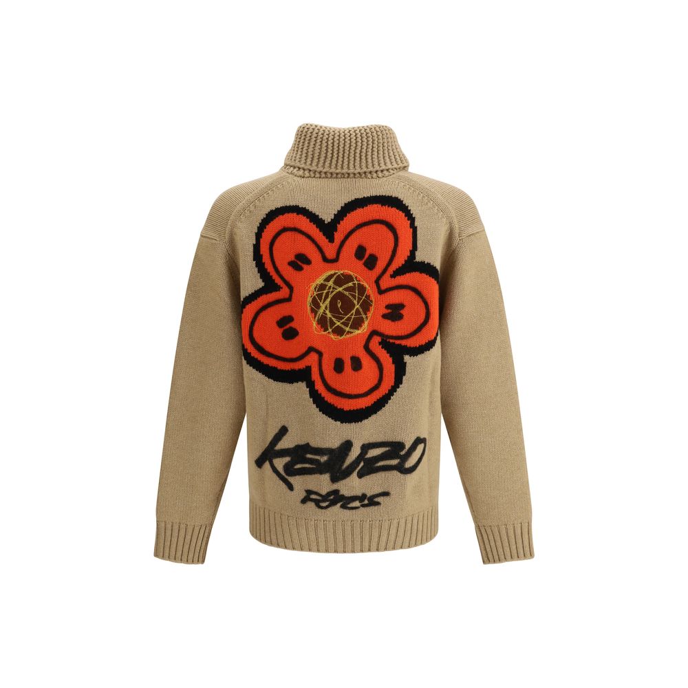 Beige Wool CardiganKenzo’s Futura zippered Cardigan is a knitted wool garment from the Kenzo x Futura 2000 collaboration. Featuring a shawl collar and a practical double-slider zipper, it has two front pockets and a striking graphic on the back that fuses
