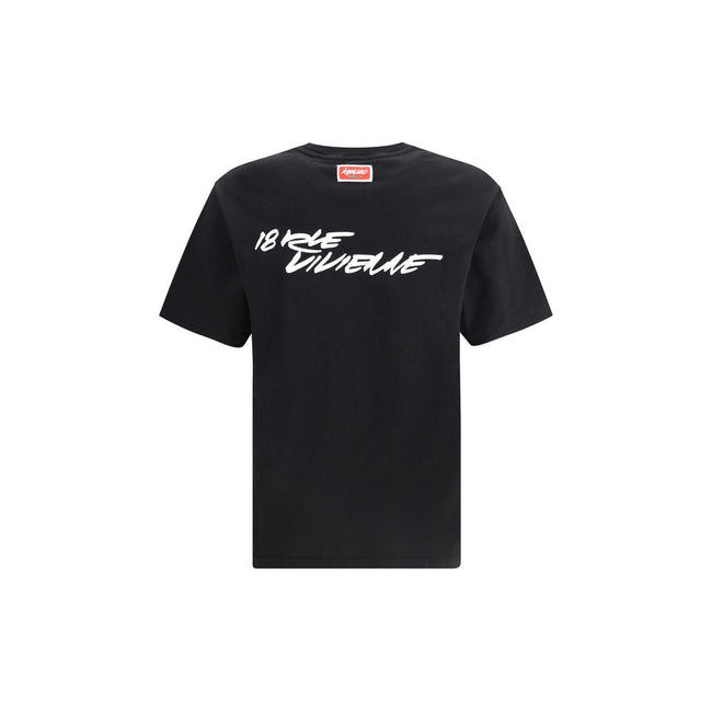 Black Cotton T-ShirtKenzo’s Futura 2000 cotton T-Shirt is made of lightweight jersey and features striking graphics combining the Boke Flower and the atom, iconic symbols of the artist. Completing the design are Kenzo Paris and 18 Rue Vivienne prints in g