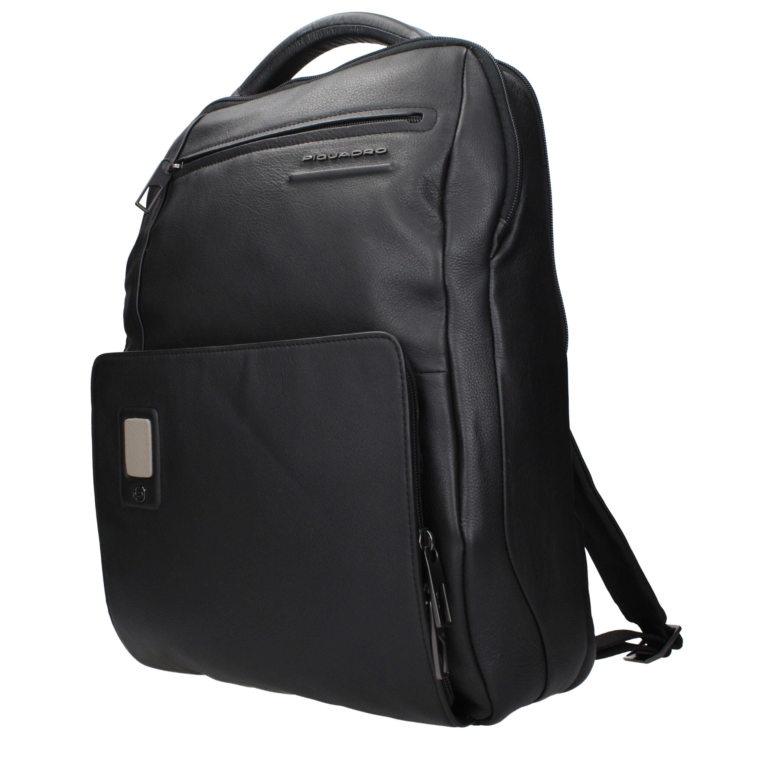 Schwarzer Lederrucksack mit verstellbaren Trägern und Logo