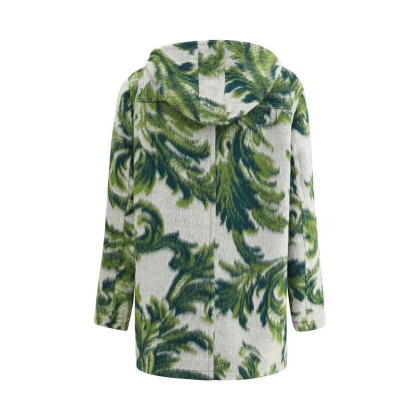 Green Wool CoatMade from patterned carded wool, Etro’s duffle coat combines tradition and contemporary style. Featuring a practical hood and a front closure with toggles, it has long sleeves and two patch pockets on the front for a functional and refined