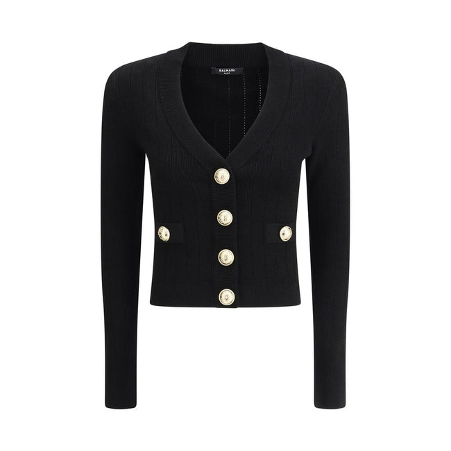 Black Viscose CardiganCardigan by Balmain, cropped design, v-neck on front, closure by embossed buttons, close fit, monochrome pattern. Season: AW25 Fit: Slim Composition: 83% Viscose 17% Polyester MADE IN FRANCEBlack Viscose Cardigan${tagsBalmainAulae Ca