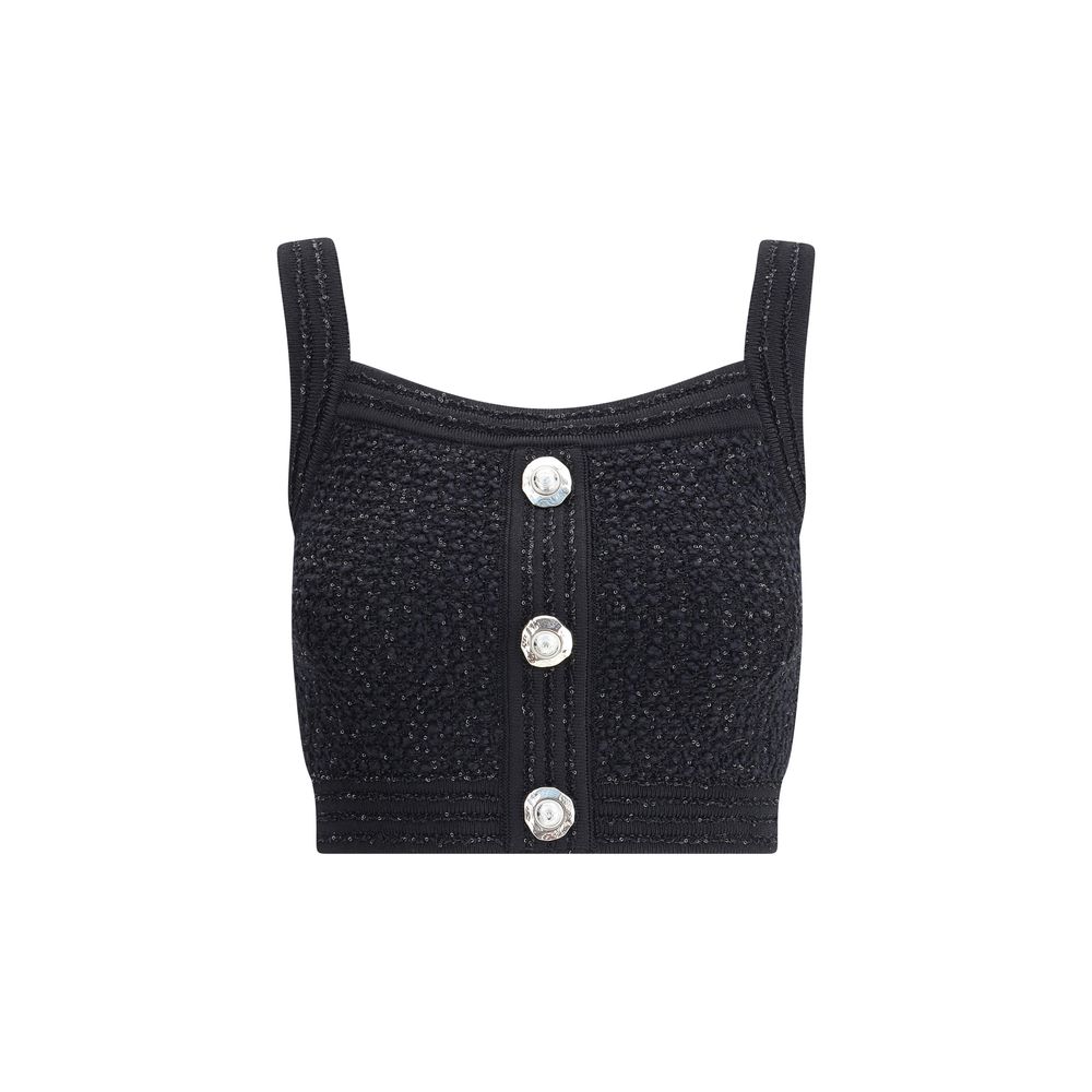 Black Polyamide TopBalmain’s tweed crop Top is a bold and refined piece featuring a square neckline and thick straps that enhance the silhouette. Crafted in the Maison’s iconic tweed, it features a front closure with embossed buttons, a distinctive detail