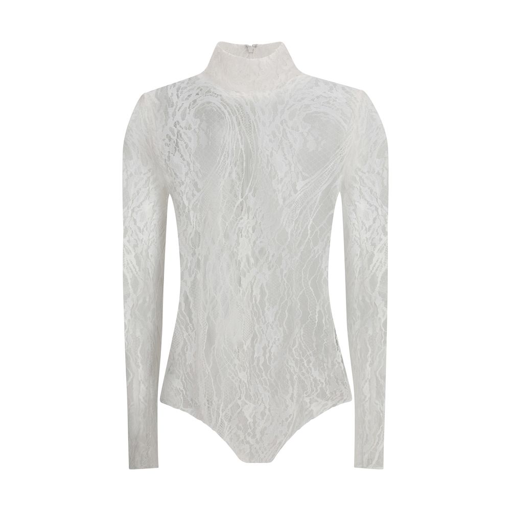 White Cotton TopThe Balmain lace Bodysuit is a seductive and sophisticated piece, featuring a refined high neck that enhances the elegance of the design. Crafted from sheer lace, it features a zip fastening on the back and buttons on the briefs, for a com
