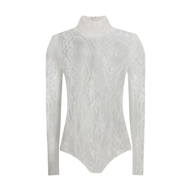 White Cotton TopThe Balmain lace Bodysuit is a seductive and sophisticated piece, featuring a refined high neck that enhances the elegance of the design. Crafted from sheer lace, it features a zip fastening on the back and buttons on the briefs, for a com