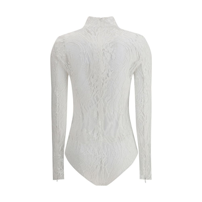 White Cotton TopThe Balmain lace Bodysuit is a seductive and sophisticated piece, featuring a refined high neck that enhances the elegance of the design. Crafted from sheer lace, it features a zip fastening on the back and buttons on the briefs, for a com