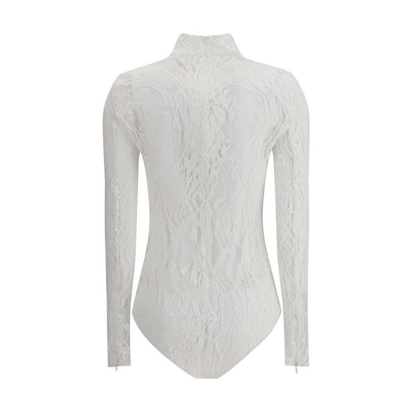 White Cotton TopThe Balmain lace Bodysuit is a seductive and sophisticated piece, featuring a refined high neck that enhances the elegance of the design. Crafted from sheer lace, it features a zip fastening on the back and buttons on the briefs, for a com