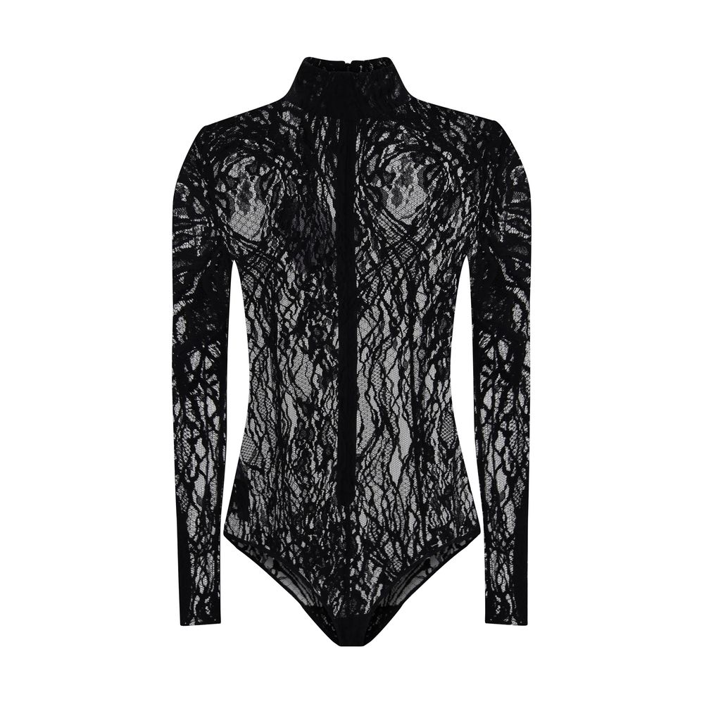 Black Cotton TopThe Balmain lace Bodysuit is a seductive and sophisticated piece, featuring a refined high neck that enhances the elegance of the design. Crafted from sheer lace, it features a zip fastening on the back and buttons on the briefs, for a com