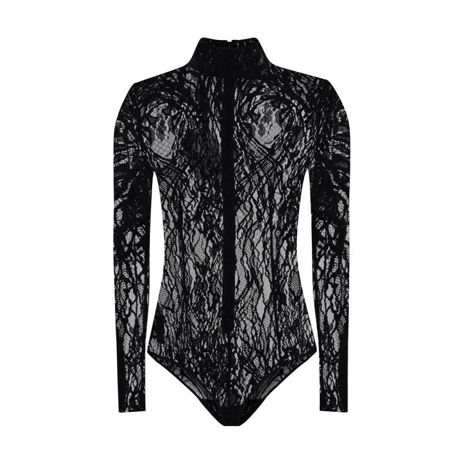 Black Cotton TopThe Balmain lace Bodysuit is a seductive and sophisticated piece, featuring a refined high neck that enhances the elegance of the design. Crafted from sheer lace, it features a zip fastening on the back and buttons on the briefs, for a com
