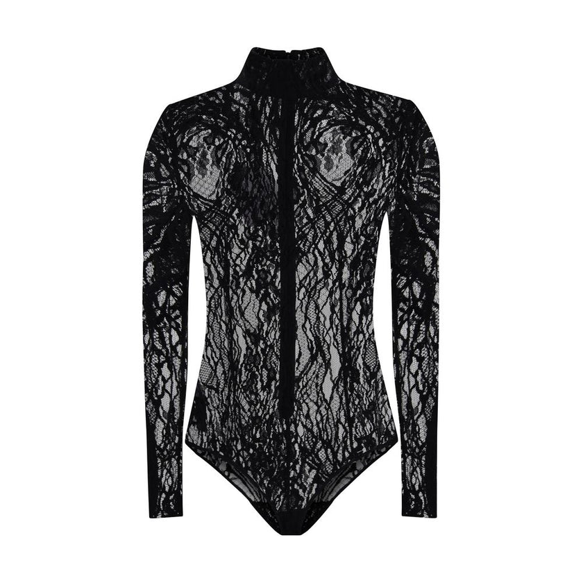 Black Cotton TopThe Balmain lace Bodysuit is a seductive and sophisticated piece, featuring a refined high neck that enhances the elegance of the design. Crafted from sheer lace, it features a zip fastening on the back and buttons on the briefs, for a com