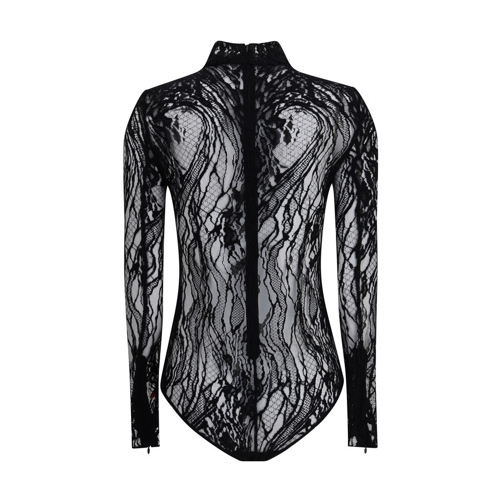 Black Cotton TopThe Balmain lace Bodysuit is a seductive and sophisticated piece, featuring a refined high neck that enhances the elegance of the design. Crafted from sheer lace, it features a zip fastening on the back and buttons on the briefs, for a com