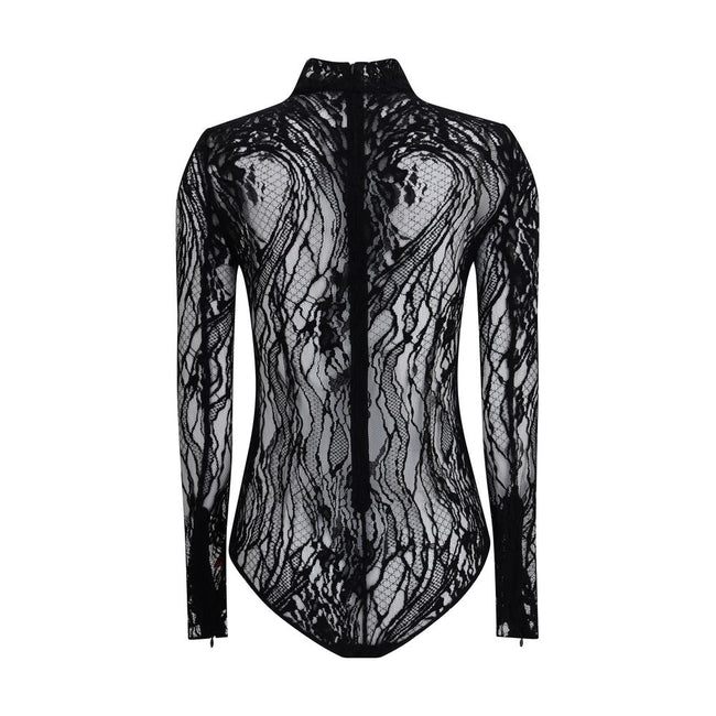 Black Cotton TopThe Balmain lace Bodysuit is a seductive and sophisticated piece, featuring a refined high neck that enhances the elegance of the design. Crafted from sheer lace, it features a zip fastening on the back and buttons on the briefs, for a com