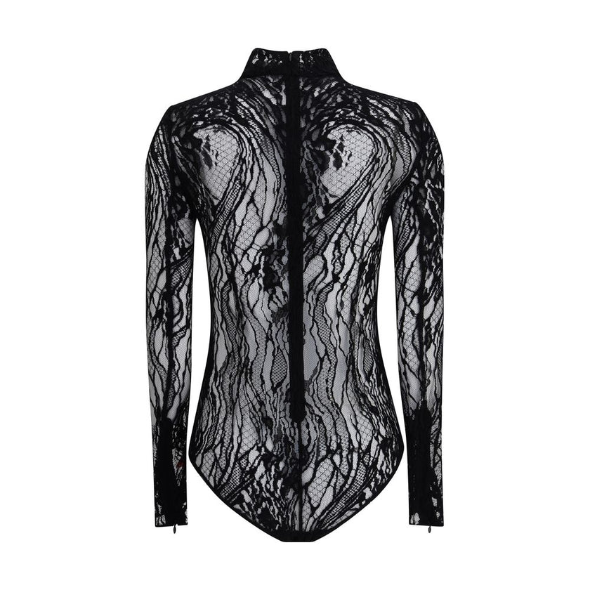 Black Cotton TopThe Balmain lace Bodysuit is a seductive and sophisticated piece, featuring a refined high neck that enhances the elegance of the design. Crafted from sheer lace, it features a zip fastening on the back and buttons on the briefs, for a com