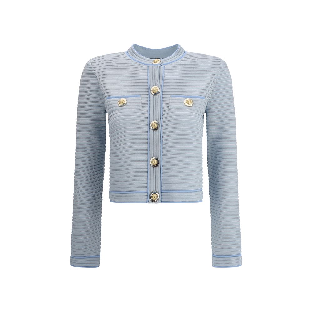 Light Blue Viscose CardiganBalmain’s Cardigan is a garment with a structured design and refined elegance. The front closure with five snap buttons is paired with two trompe-l’œil pockets enriched with decorative metal 