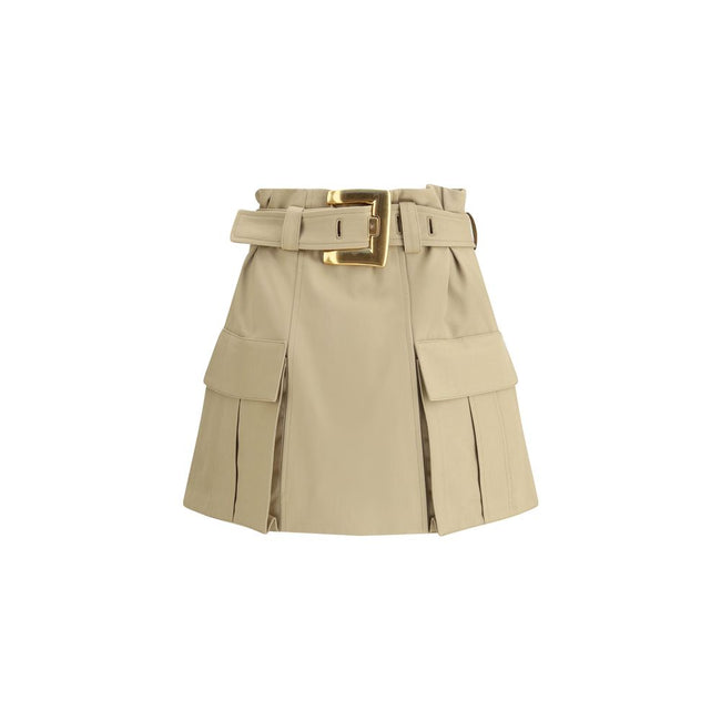 Beige Cotton Mini SkirtBalmain’s cargo Miniskirt reinterprets utility style with a sophisticated twist. Featuring a removable belt with a PB engraved gold metal Anthem buckle, it has two side pockets with gussets and a flap. The back closure with exposed