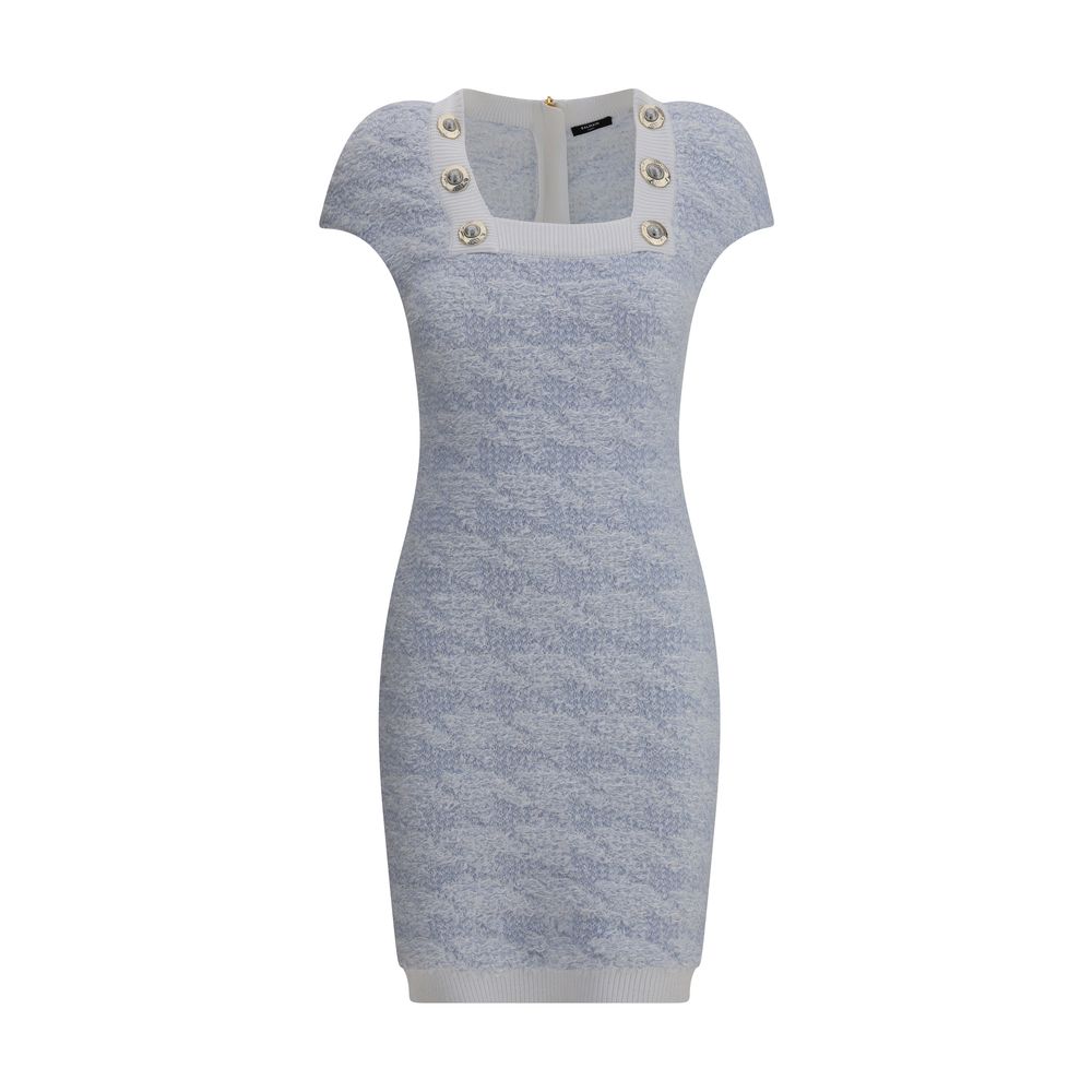 Light Blue Polyamide Casual DressBalmain’s Stretch midi Dress combines style and comfort with a fitted, modern silhouette. It features a ribbed square neckline embellished with embossed button details, short sleeves, and a back zipper closure for an elega