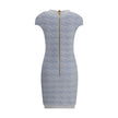 Light Blue Polyamide Casual DressBalmain’s Stretch midi Dress combines style and comfort with a fitted, modern silhouette. It features a ribbed square neckline embellished with embossed button details, short sleeves, and a back zipper closure for an elega
