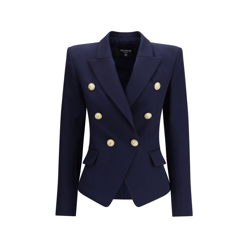 Blue Fleece Wool BlazerThe Balmain double-breasted Blazer is an icon of structured and decisive style. Characterized by stiff shoulders and peak lapels, it enhances the silhouette with an impeccable tailoring line. The front closure with gold embossed but