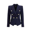 Blue Fleece Wool BlazerThe Balmain double-breasted Blazer is an icon of structured and decisive style. Characterized by stiff shoulders and peak lapels, it enhances the silhouette with an impeccable tailoring line. The front closure with gold embossed but
