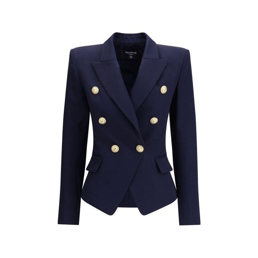 Blue Fleece Wool BlazerThe Balmain double-breasted Blazer is an icon of structured and decisive style. Characterized by stiff shoulders and peak lapels, it enhances the silhouette with an impeccable tailoring line. The front closure with gold embossed but