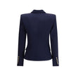 Blue Fleece Wool BlazerThe Balmain double-breasted Blazer is an icon of structured and decisive style. Characterized by stiff shoulders and peak lapels, it enhances the silhouette with an impeccable tailoring line. The front closure with gold embossed but