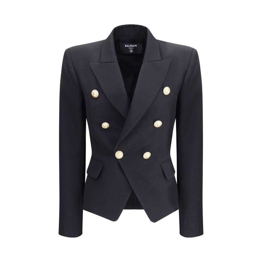 Black Wool BlazerBalmain’s double-breasted Blazer is a sartorial statement piece, embellished with embossed buttons that recall the house’s iconic aesthetic. The crop design enhances the figure, while the wide peaked lapels lend a touch of decisive elegan