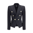 Black Wool BlazerBalmain’s double-breasted Blazer is a sartorial statement piece, embellished with embossed buttons that recall the house’s iconic aesthetic. The crop design enhances the figure, while the wide peaked lapels lend a touch of decisive elegan