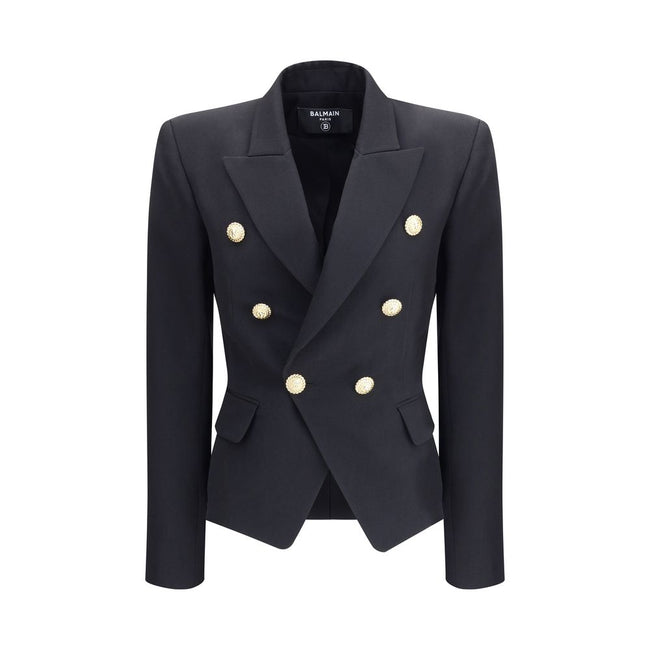 Black Wool BlazerBalmain’s double-breasted Blazer is a sartorial statement piece, embellished with embossed buttons that recall the house’s iconic aesthetic. The crop design enhances the figure, while the wide peaked lapels lend a touch of decisive elegan