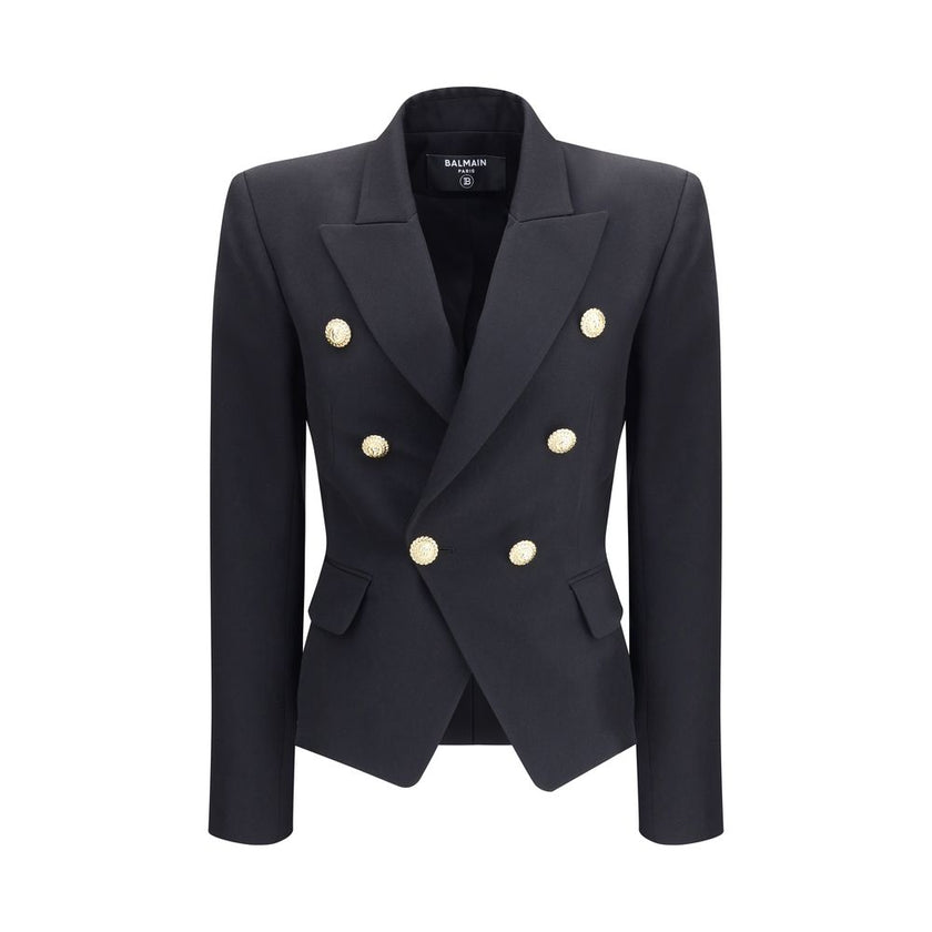 Black Wool BlazerBalmain’s double-breasted Blazer is a sartorial statement piece, embellished with embossed buttons that recall the house’s iconic aesthetic. The crop design enhances the figure, while the wide peaked lapels lend a touch of decisive elegan