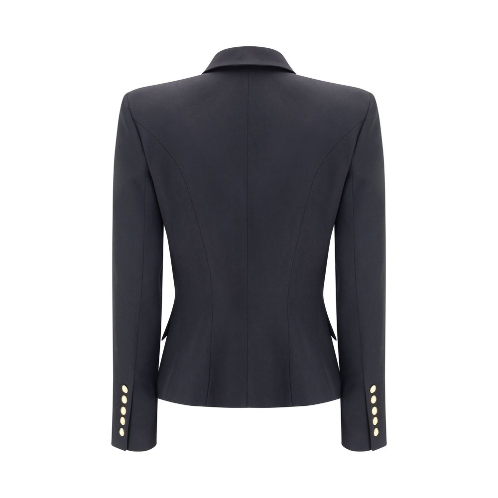 Black Wool BlazerBalmain’s double-breasted Blazer is a sartorial statement piece, embellished with embossed buttons that recall the house’s iconic aesthetic. The crop design enhances the figure, while the wide peaked lapels lend a touch of decisive elegan