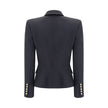 Black Wool BlazerBalmain’s double-breasted Blazer is a sartorial statement piece, embellished with embossed buttons that recall the house’s iconic aesthetic. The crop design enhances the figure, while the wide peaked lapels lend a touch of decisive elegan