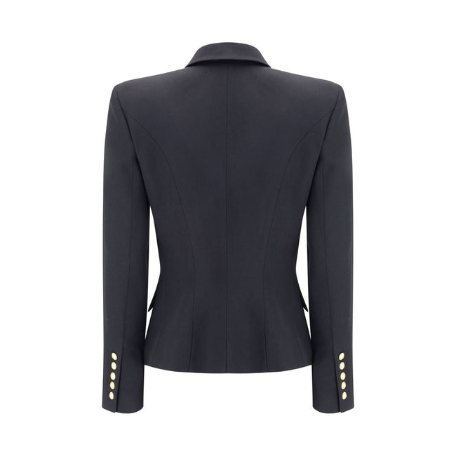 Black Wool BlazerBalmain’s double-breasted Blazer is a sartorial statement piece, embellished with embossed buttons that recall the house’s iconic aesthetic. The crop design enhances the figure, while the wide peaked lapels lend a touch of decisive elegan