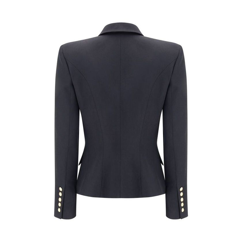 Black Wool BlazerBalmain’s double-breasted Blazer is a sartorial statement piece, embellished with embossed buttons that recall the house’s iconic aesthetic. The crop design enhances the figure, while the wide peaked lapels lend a touch of decisive elegan