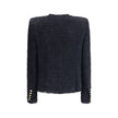 Black Polyamide CoatBalmain’s tweed Spencer Jacket is an iconic piece, featuring a round neckline and structured shoulders that define the silhouette. The long sleeves end with straight cuffs decorated with five gold metal 