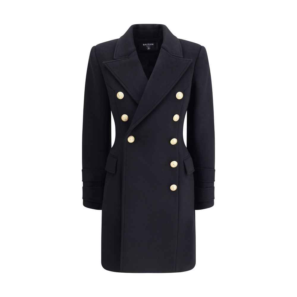 Black Fleece Wool CoatBalmain’s wool and cashmere double-breasted coat is a fine tailored piece, featuring a classic Italian collar and structured shoulders that give it a bold profile. Long sleeves with double flaps and two American-style side flap pocke