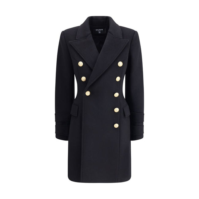 Black Fleece Wool CoatBalmain’s wool and cashmere double-breasted coat is a fine tailored piece, featuring a classic Italian collar and structured shoulders that give it a bold profile. Long sleeves with double flaps and two American-style side flap pocke
