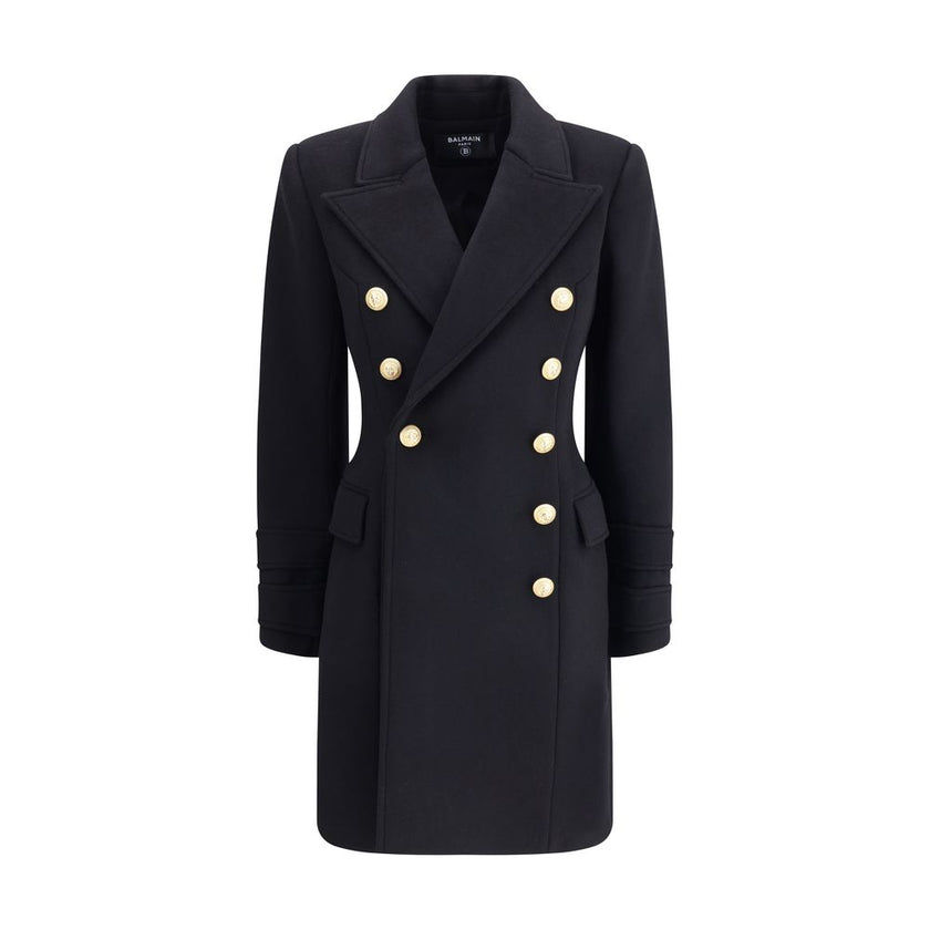 Black Fleece Wool CoatBalmain’s wool and cashmere double-breasted coat is a fine tailored piece, featuring a classic Italian collar and structured shoulders that give it a bold profile. Long sleeves with double flaps and two American-style side flap pocke
