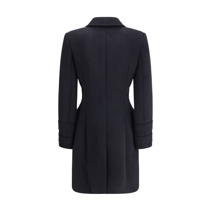 Black Fleece Wool CoatBalmain’s wool and cashmere double-breasted coat is a fine tailored piece, featuring a classic Italian collar and structured shoulders that give it a bold profile. Long sleeves with double flaps and two American-style side flap pocke