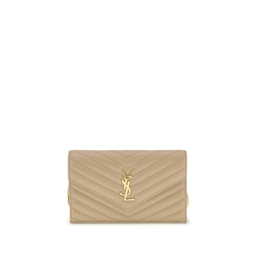 Wallet with shoulder strapSaint Laurent Wallet made of fine lambskin leather with quilted effect, with an elegant and sophisticated design. The front closure is entrusted to a magnetic flap embellished with the iconic embossed YSL logo plaque. Complemente