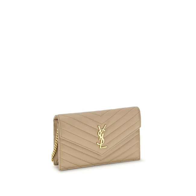 Wallet with shoulder strapSaint Laurent Wallet made of fine lambskin leather with quilted effect, with an elegant and sophisticated design. The front closure is entrusted to a magnetic flap embellished with the iconic embossed YSL logo plaque. Complemente