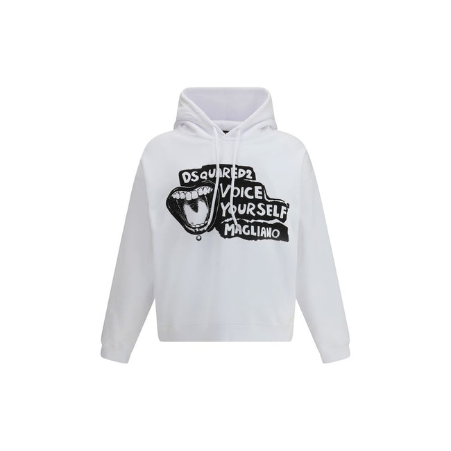 White Cotton SweatshirtThe DsQuared2 Hoodie features a fresh and modern design. The adjustable drawstring hood ensures a customizable fit, while the logo and design printed on the front give the garment a distinctive identity. Perfect for those seeking a