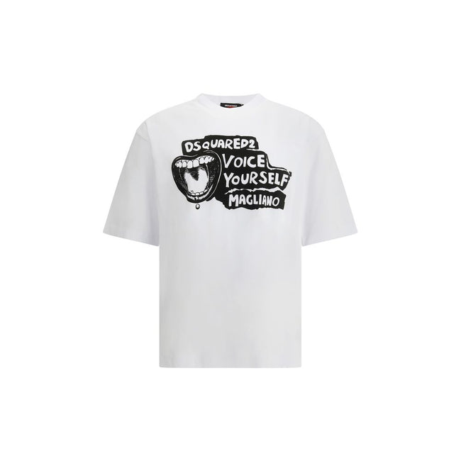 White Cotton T-ShirtDsquared2’s cotton T-Shirt is an essential garment with a distinctive urban spirit. Made of soft and comfortable cotton, it features a classic ribbed crew neck that ensures an impeccable fit. On the front stands out the logo print, an