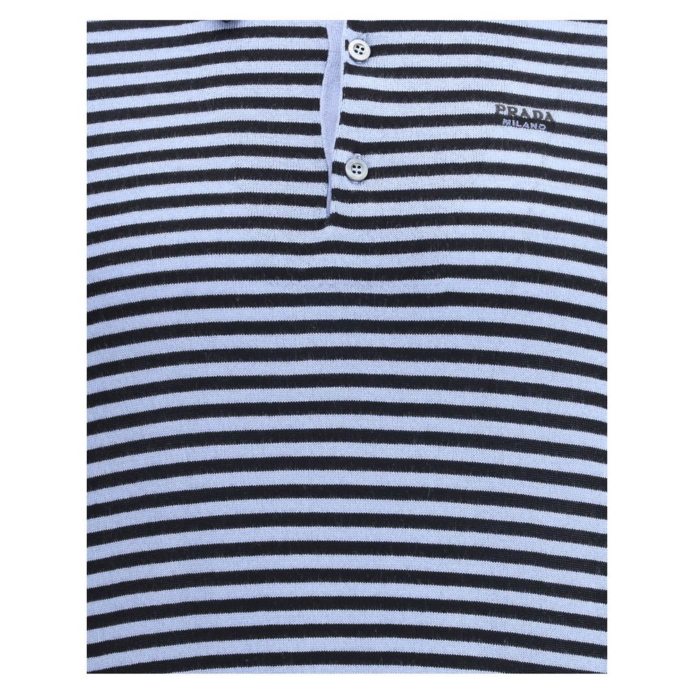 Striped polo SweaterPrada’s Striped polo Sweater combines sporty style with sophisticated details. Featuring a ribbed collar and a three-button front closure, it has a ribbed finished hem for an impeccable fit. The jacquard logo on the front signs the gar