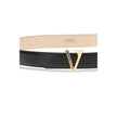 Black Calf Leather Bos Taurus Regular BeltVersace’s calfskin V Belt is an elegant and distinctive accessory, embellished with a V-shaped sliding detail with an engraved enamel Versace logo. Completing the design is a buckle and brooch closure that combine