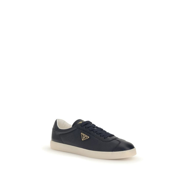 Blue Calf Leather Bos Taurus Low Top SneakersPrada’s leather Sneakers are made of fine grained deerskin leather and feature an embossed logo on the back, along with the iconic logo triangle on the side. They feature a lace-up closure, a logo-printed tongu