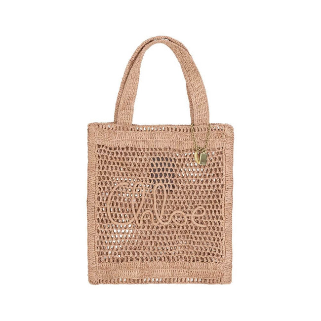 Brown Raffia Shoulder BagChloé’s Summer Banana Tote Bag is an elegant and cool accessory made of raffia with a perforated weave. It has two top handles for convenient carrying and features the iconic monogram embroidered on the front. A golden banana-shap