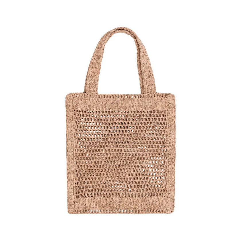 Brown Raffia Shoulder BagChloé’s Summer Banana Tote Bag is an elegant and cool accessory made of raffia with a perforated weave. It has two top handles for convenient carrying and features the iconic monogram embroidered on the front. A golden banana-shap
